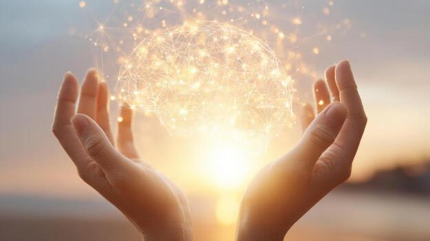manos participación digital cerebro con brillante conexiones, representando innovación, artificial inteligencia, y mental salud foto