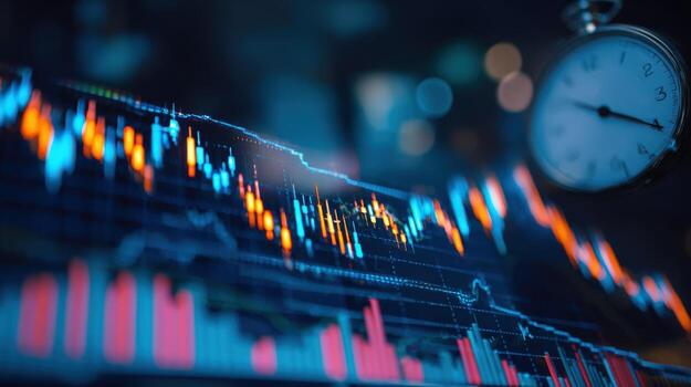 Financial Market Analysis Candlestick Chart Display with Pocket Watch, Representing Time Sensitivity in Trading photo