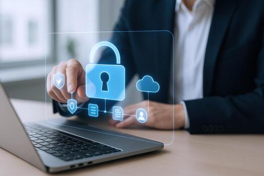 Data Security Concept Businessman Securing Information and Cloud Data with Digital Padlock on Laptop for Privacy photo