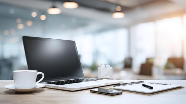 Modern Workspace with Laptop, Coffee, and Notepad for Enhanced Productivity and Creative Collaboration photo