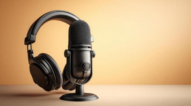 Studio Microphone and Headphones for Podcasting, Audio Recording, and Broadcasting with Neutral Background photo
