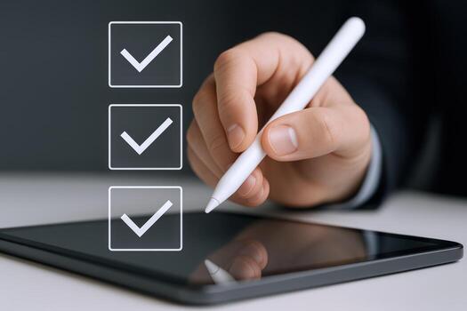Completing Digital Checklist on Tablet with Stylus - Modern Business Task Management and Verification Concept photo