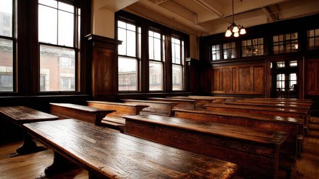 Classic Wooden Lecture Hall Interior with Rows of Benches and Natural Light from Large Windows photo