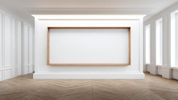Elegant Gallery Interior with Empty Frame and Natural Light, Perfect for Art Mockups and Presentations photo