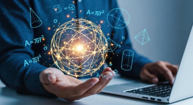 Data Science Innovation Man Holding Holographic Sphere with Geometric Shapes for Cutting-Edge Technology photo