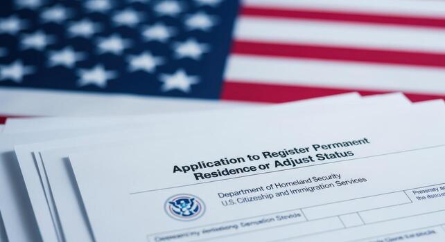 Immigration Application Forms Stacked with American Flag, Depicting Permanent Residence or Adjustment of Status photo