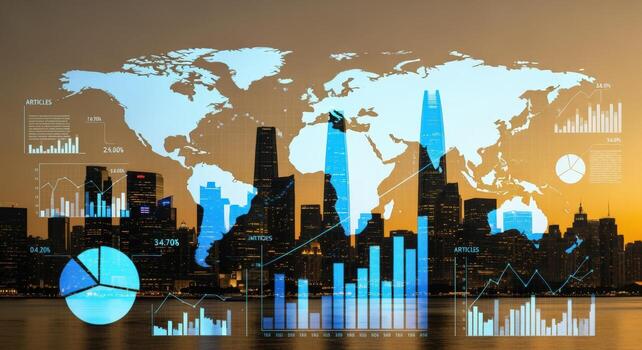 Data-Driven Urbanization Modern Cityscape with Global Data Visualization and Economic Analysis Overlay for Business and Finance photo