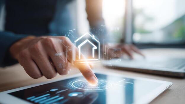 Smart Home Technology Person Using Tablet for Automation, Security and Monitoring photo