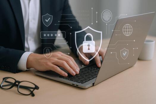 Cybersecurity Professional Working on Laptop Data Protection, Encryption, and Secure Online Access Solutions photo