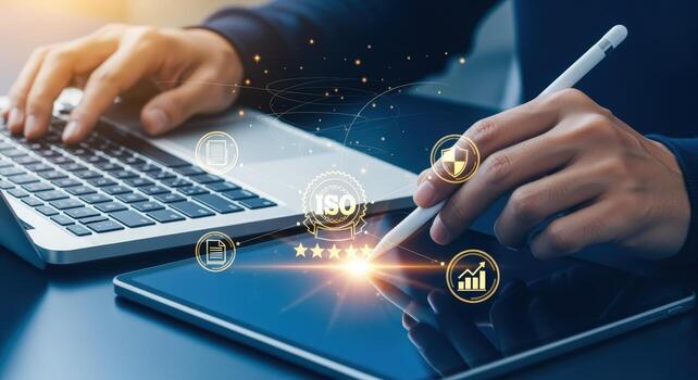 Business Professional Implementing Quality Standards on Laptop and Tablet for Performance Excellence and Optimization photo