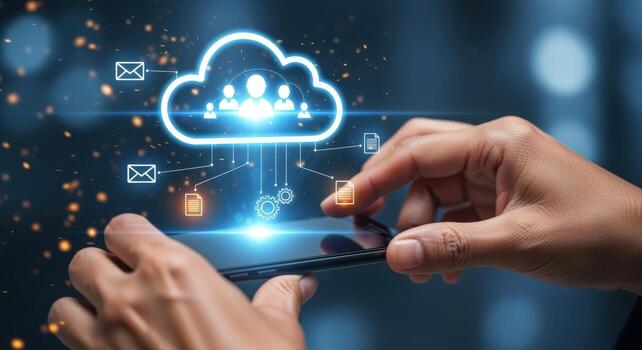 Cloud Computing Access Through Mobile Device Business Technology Innovation and Data Management Concept photo