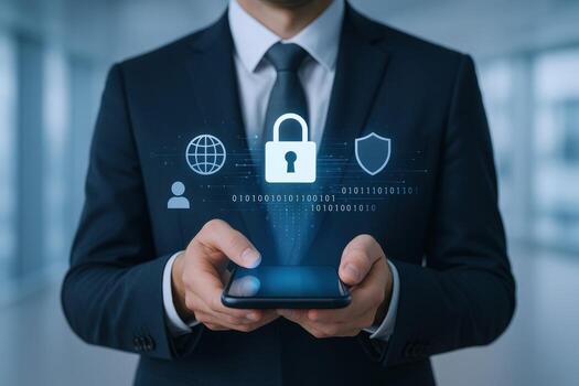 Cybersecurity Professional Securing Data on Mobile Phone Global Network Security, Privacy Protection and Digital Lock Concept photo