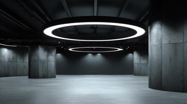 Modern Interior with Ring Lights and Concrete Pillars Architecture, Design, and Space photo