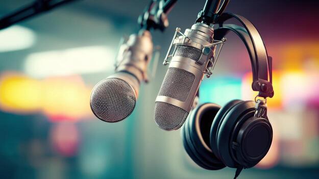 Professional Studio Microphone and Headphones Capturing Audio for Podcasts or Music Production with a Modern Setup photo