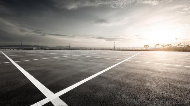 vacío asfalto estacionamiento lote con pintado blanco líneas en un nublado día para comercial utilizar foto