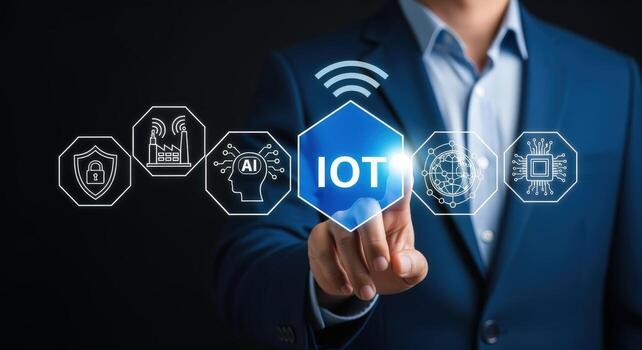 Man Activating Internet of Things IoT Interface with Touchscreen Technology, Representing Connectivity and Digital Transformation photo