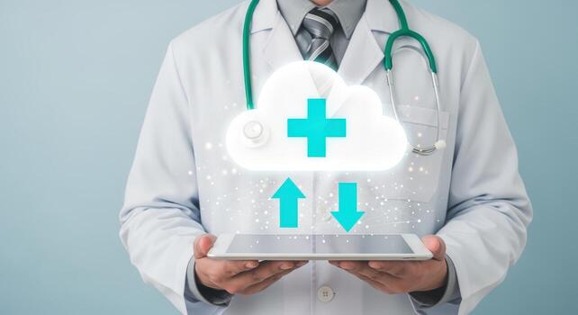 Doctor Holding Tablet with Medical Cloud Computing Concept for Healthcare and Data Management photo