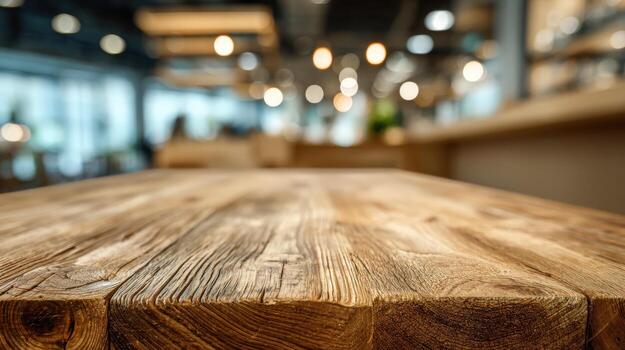 Rustic Wood Tabletop Surface with Blurred Restaurant Background and Bokeh Lighting, Perfect for Food Mockups photo