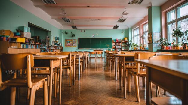 Empty Classroom Featuring Desks, Chairs, Chalkboard, Books, and Natural Light, Suitable for Educational or Learning Environment Concepts photo