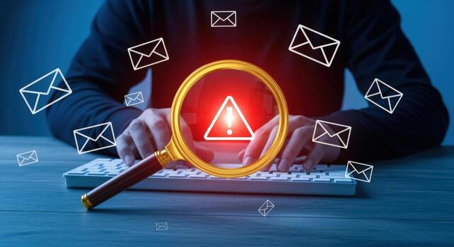 correo electrónico seguridad concepto persona mecanografía en teclado con alerta visto mediante aumentador vaso foto