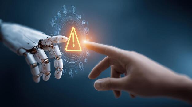 AI Risk Management Human and Robot Interaction with Alert, Emphasizing Safety and Technological Integration photo