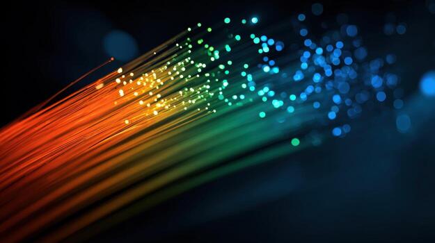 fibra óptico cables transmitiendo datos con vistoso ligero efectos para alta velocidad Internet y red comunicaciones foto