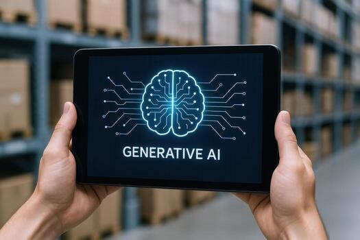 Technology Displayed on Tablet in Warehouse Setting, Modern Innovation Concept photo