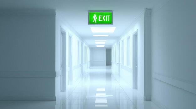 Emergency Exit Sign in Modern Building Hallway with White Walls and Bright Lighting photo