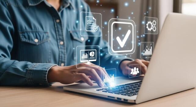 mujer de negocios gestiona digital flujo de trabajo con computadora portátil, optimizando procesos y mejorando productividad mediante datos análisis y automatización foto