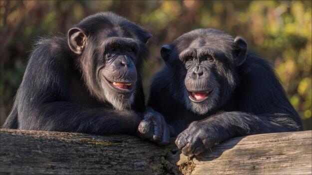 Two Chimpanzees Resting on a Log, Showing Affection and Kinship in a Natural Habitat photo