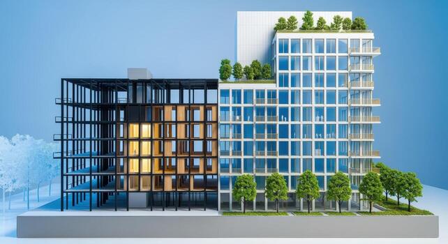 Architectural Model Showcasing Modern Building Design with Emphasis on Green Spaces and Sustainable Construction Elements photo