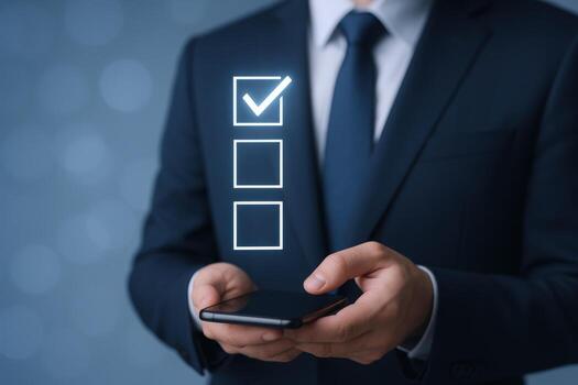 Businessman using a smartphone to complete a digital checklist with a marked box in the first position photo