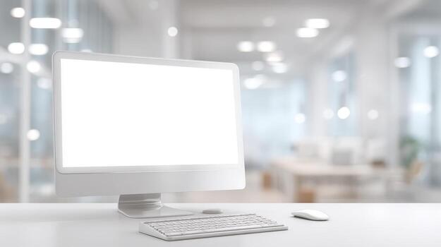 Modern Computer on Desk with Blank Screen in Bright Office, Mockup for Design photo