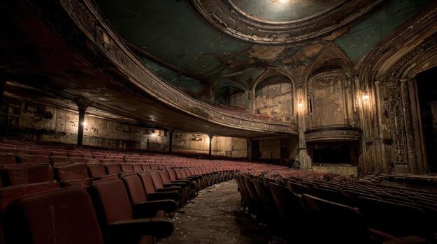 Dilapidated Theater Interior with Rows of Seats, Showing Age, Decay, and Historical Architecture Details photo