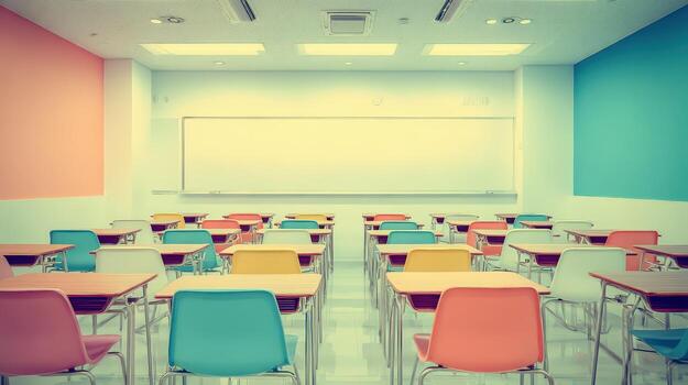 Empty Classroom with Colorful Walls and Desks Ready for Students and Academic Year photo