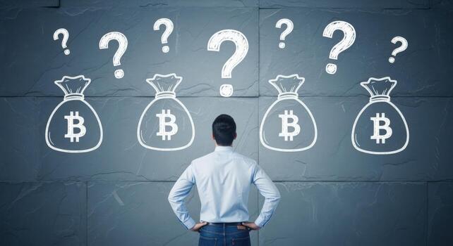 criptomoneda inversión opciones hombre contempla bitcoin pantalones debajo pregunta marcas, navegando digital Finanzas y mercado decisiones foto