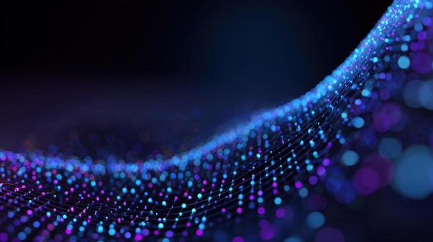 Abstract Network Wave Data Visualization with Blue and Purple Dots on Dark Background photo