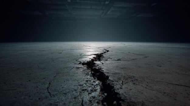 Cracked Concrete Floor with Atmospheric Lighting, Symbolizing Damage, Fracture, and Imperfection in an Industrial Setting photo