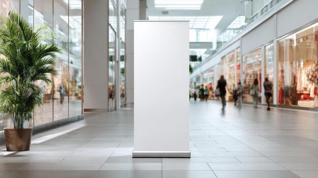 Blank Roll-Up Banner Stand Mockup in a Shopping Mall with Shoppers and Storefronts photo