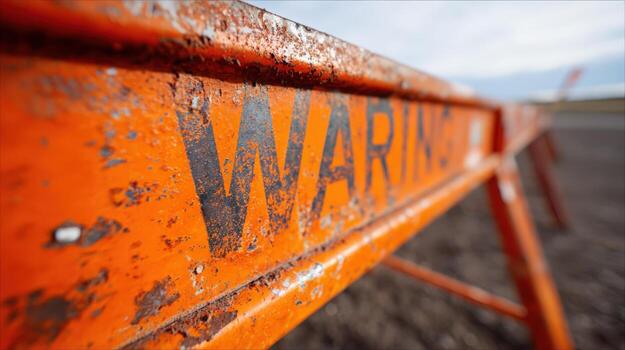 Close-up of an orange weathered warning sign indicating caution, hazard, and potential danger in a construction area photo