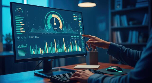 Data Visualization on Computer Screen with User Interacting, Showing Charts and Graphs for Analysis photo