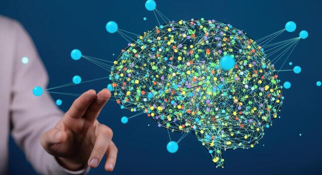 Human Brain Illustration Representing Artificial Intelligence, Machine Learning, and Neural Networks with a Person Pointing photo