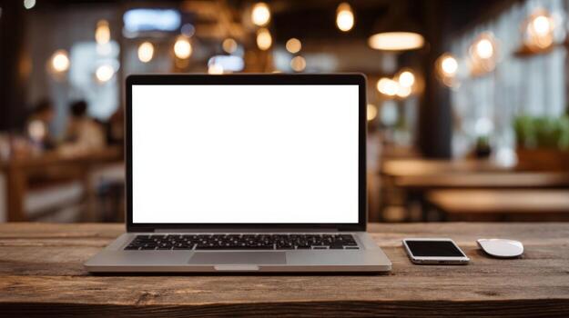 Laptop with Blank Screen on Wooden Table in Cafe, Ideal for Mockups and Advertising photo