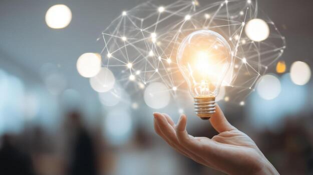 Concept of Innovative Technology Person Holding Lightbulb with Digital Network Overlay, Showcasing Business Ideas photo
