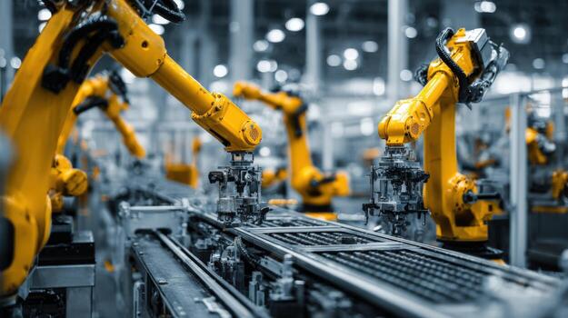 Automated Manufacturing Precision Robotic Arms in Modern Industrial Factory, Streamlining Production and Enhancing Efficiency photo