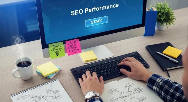 Analyzing SEO Performance on Computer Screen with Coffee, Notes, and Keyboard on Wooden Desk photo