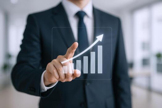 Professional Man Interacting with a Virtual Growth Chart, Demonstrating Business Success and Financial Improvement photo