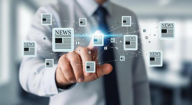 Man Taps Digital News Icons on Screen Representing Online Information and Communication, Blurred Office Environment photo