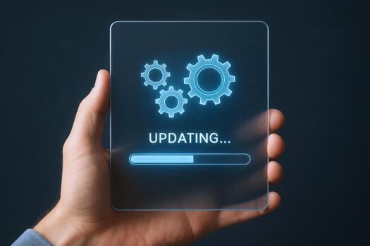 Software Updating Process on Transparent Device Displayed in Hand, Concept of Technology Innovation photo