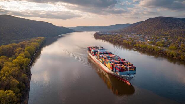 Cargo Container Ship Navigating a Calm River Surrounded by Verdant Hills Under a Dramatic Sky photo